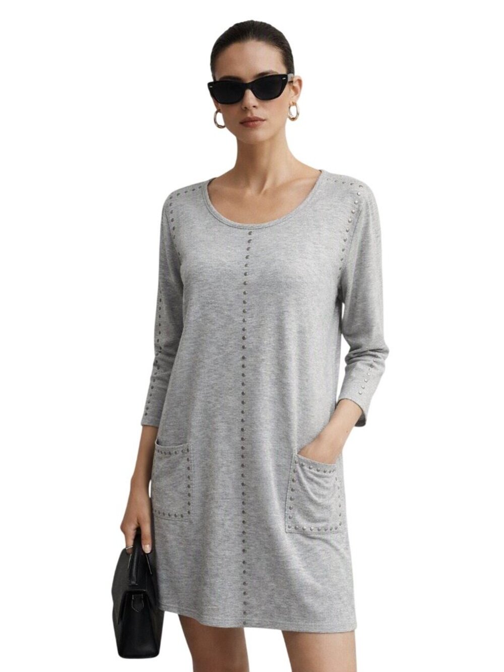 NWT Tribal Grey Studded Soft Modern Long Sleeve Dress M Metal Grommets Travel
